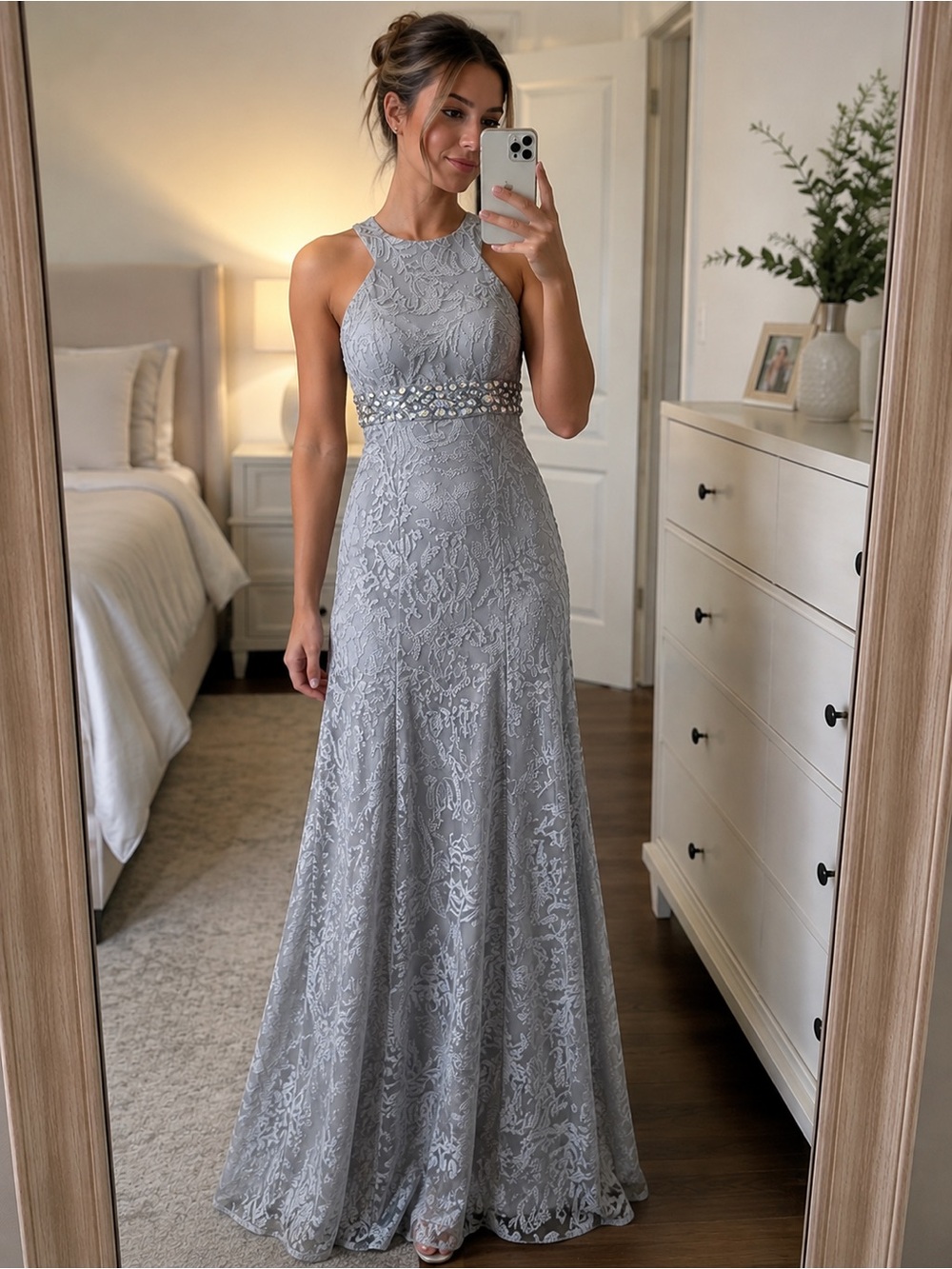 Halterneck Silver Lace Prom Gown with Beaded Waist